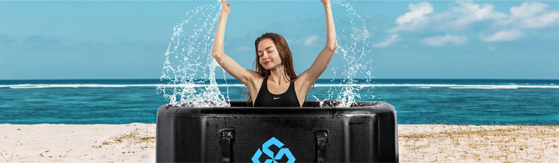 a girl is enjoying her ice bath